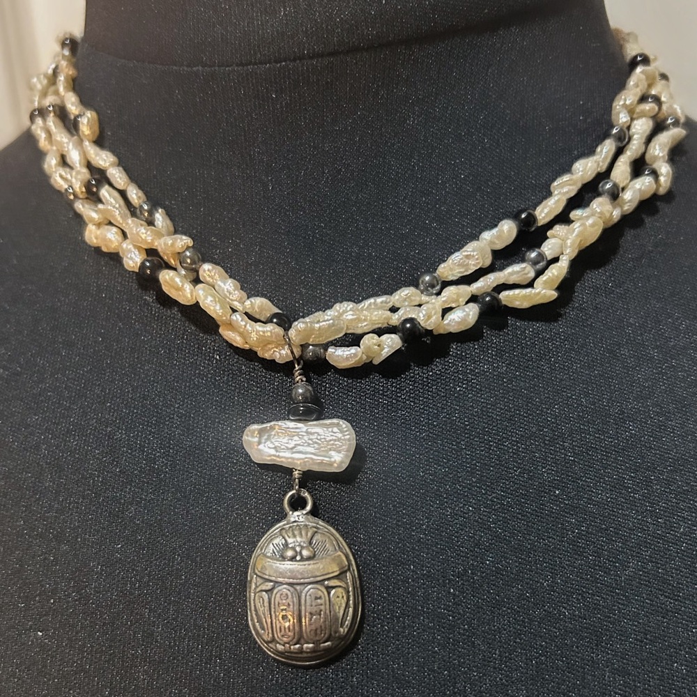 Rice Pearls and Black Onyx BeadsMulti-Strand Necklace with Silver Scarab Pendant